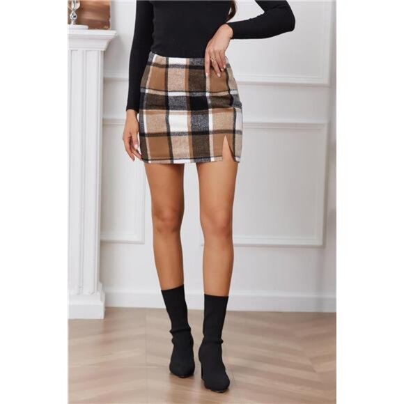 Plaid Mini Skirts for Womens High Waisted Fall Winter Wool Bodycon Pencil